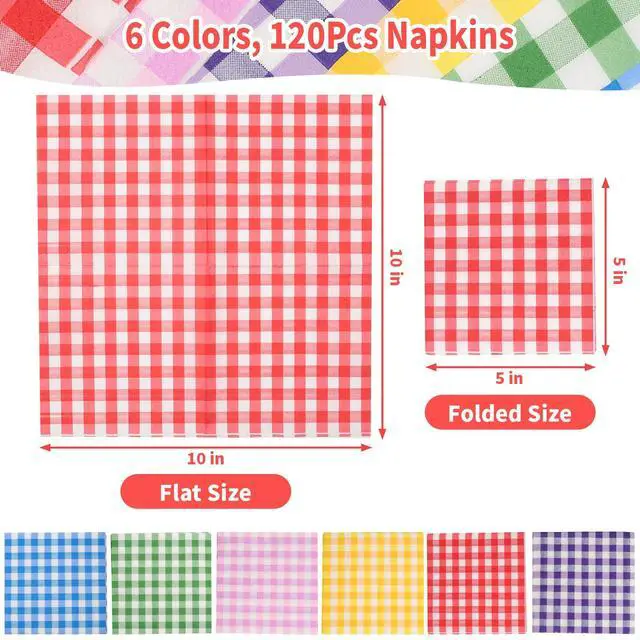 Alt view image 2 of 7 - 120 PCS Colorful Gingham Napkins, Disposable Red Blue Green and White Paper Party Napkins Cocktail Beverage Napkin for Birthday Dinner Party Supplies