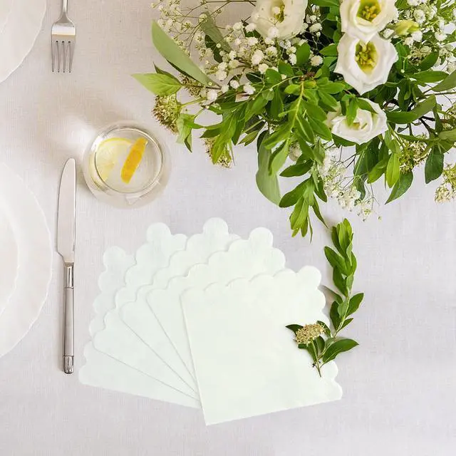 Alt view image 6 of 7 - Cocktail Napkins, 100 Pcs Scalloped Paper Napkins Beverage Napkins Disposable Paper Napkins for Wedding Birthday Baby Shower Party Dinner Bridal Anniversary (White)