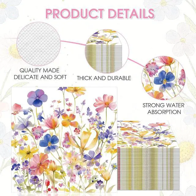 Alt view image 4 of 6 - 60 Pcs Wildflower Napkins, Floral Paper Napkins Disposable Flower Cocktail Napkins For Spring Summer Picnic Wedding Baby Shower Birthday Tea Birthday Spring Tea Party6.5 x 6.5 Inch