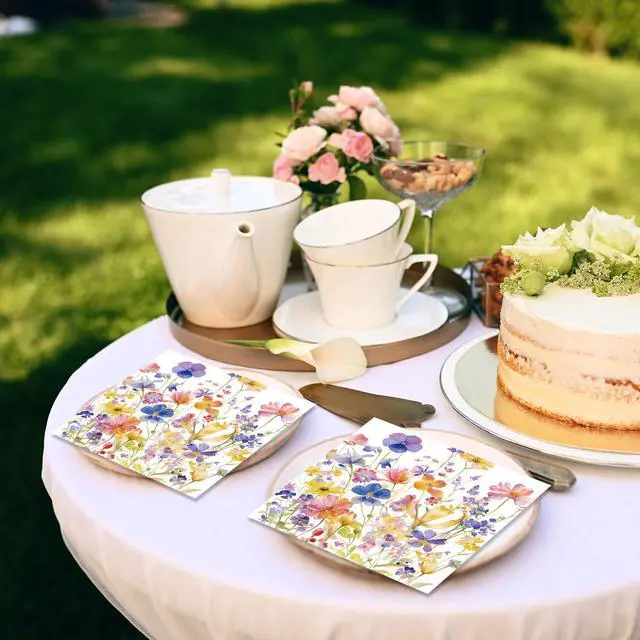 Alt view image 5 of 6 - 60 Pcs Wildflower Napkins, Floral Paper Napkins Disposable Flower Cocktail Napkins For Spring Summer Picnic Wedding Baby Shower Birthday Tea Birthday Spring Tea Party6.5 x 6.5 Inch