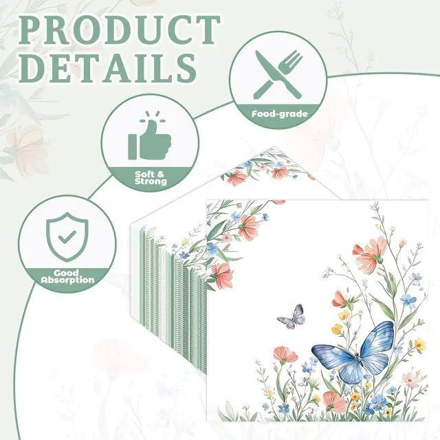 Alt view image 4 of 7 - 50pcs Wildflower Napkins party Decorations, Floral Paper Napkins Disposable Flower and Butterfly Luncheon Cocktail Napkin for Spring Summer Birthday Picnic Wedding Baby Shower Tea Party Decor