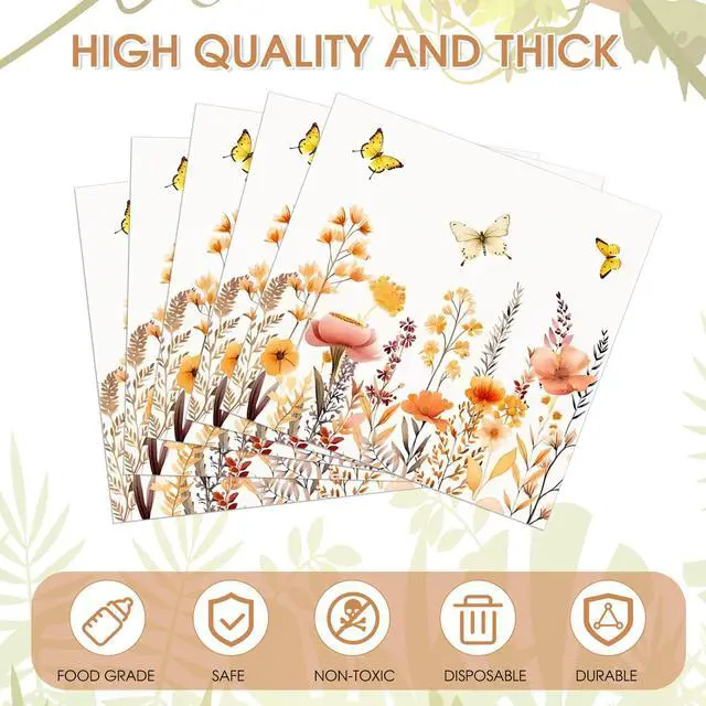 Alt view image 4 of 6 - 40Pcs Floral Paper Napkins Disposable, Decorative Flower Luncheon Napkins for Baby Shower Wedding Anniversary Birthday Fall Party 6.5 x 6.5 Inches