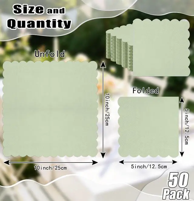 Alt view image 3 of 7 - 50 Pieces 2-ply Sage Green Napkin Disposable Scalloped Cocktail Napkins Beverage Napkins Dessert Napkins Paper Napkins for Wedding Birthday Party Paper Dinner Napkins