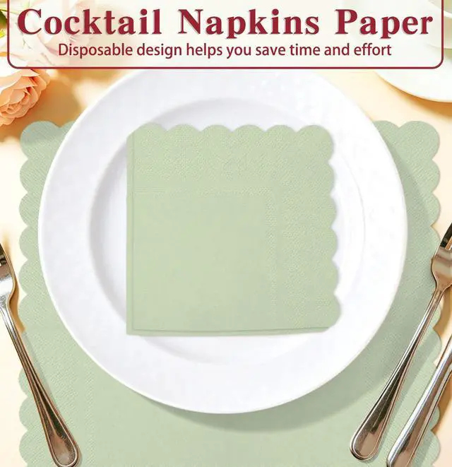 Alt view image 4 of 7 - 50 Pieces 2-ply Sage Green Napkin Disposable Scalloped Cocktail Napkins Beverage Napkins Dessert Napkins Paper Napkins for Wedding Birthday Party Paper Dinner Napkins