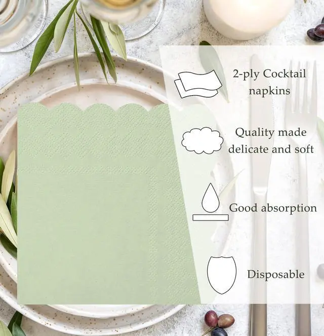 Alt view image 7 of 7 - 50 Pieces 2-ply Sage Green Napkin Disposable Scalloped Cocktail Napkins Beverage Napkins Dessert Napkins Paper Napkins for Wedding Birthday Party Paper Dinner Napkins