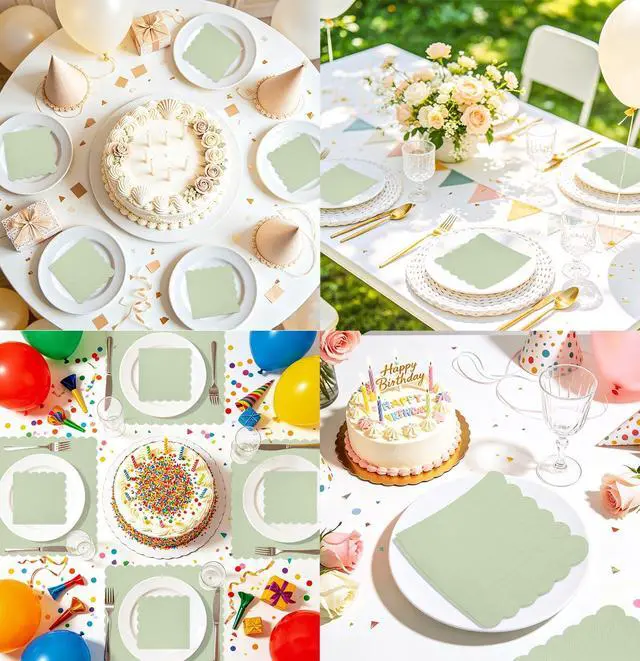 Alt view image 6 of 7 - 50 Pieces 2-ply Sage Green Napkin Disposable Scalloped Cocktail Napkins Beverage Napkins Dessert Napkins Paper Napkins for Wedding Birthday Party Paper Dinner Napkins