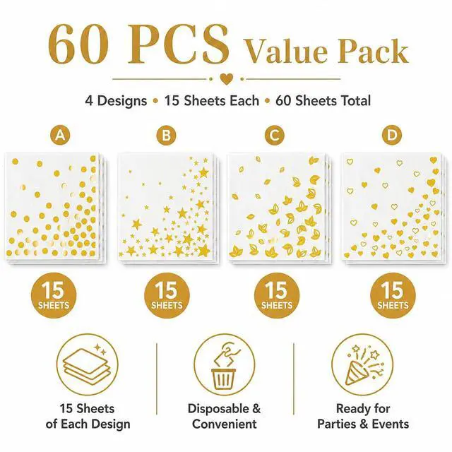 Alt view image 3 of 7 - 60 PCS White Gold Paper Napkins(6.5x6.5 Inch) Disposable Cocktail Napkins Decorative for Dessert Bar Dinner Table Decor Birthday Wedding Retirement Bridal Shower Graduation Party Favors Supplies