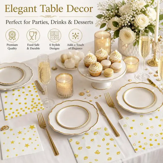 Alt view image 6 of 7 - 60 PCS White Gold Paper Napkins(6.5x6.5 Inch) Disposable Cocktail Napkins Decorative for Dessert Bar Dinner Table Decor Birthday Wedding Retirement Bridal Shower Graduation Party Favors Supplies