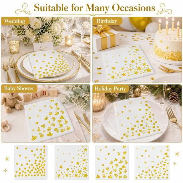 Alt view image 7 of 7 - 60 PCS White Gold Paper Napkins(6.5x6.5 Inch) Disposable Cocktail Napkins Decorative for Dessert Bar Dinner Table Decor Birthday Wedding Retirement Bridal Shower Graduation Party Favors Supplies