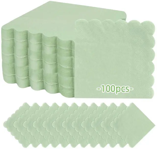 Main image of 100PCS Cocktail Napkins Paper- 2-Ply Sage Green Scalloped Napkins Disposable Decorative Bulk for Dinner Wedding Birthday Party Baby Shower Dessert Easter Lightweight Folded 5x5 Inches