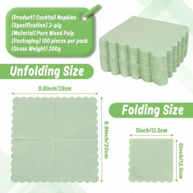 Alt view image 2 of 6 - 100PCS Cocktail Napkins Paper- 2-Ply Sage Green Scalloped Napkins Disposable Decorative Bulk for Dinner Wedding Birthday Party Baby Shower Dessert Easter Lightweight Folded 5x5 Inches