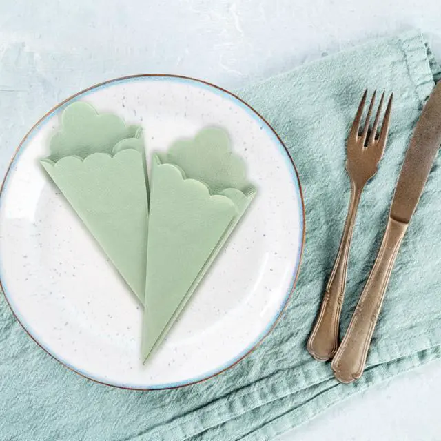 Alt view image 4 of 6 - 100PCS Cocktail Napkins Paper- 2-Ply Sage Green Scalloped Napkins Disposable Decorative Bulk for Dinner Wedding Birthday Party Baby Shower Dessert Easter Lightweight Folded 5x5 Inches