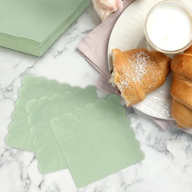 Alt view image 5 of 6 - 100PCS Cocktail Napkins Paper- 2-Ply Sage Green Scalloped Napkins Disposable Decorative Bulk for Dinner Wedding Birthday Party Baby Shower Dessert Easter Lightweight Folded 5x5 Inches