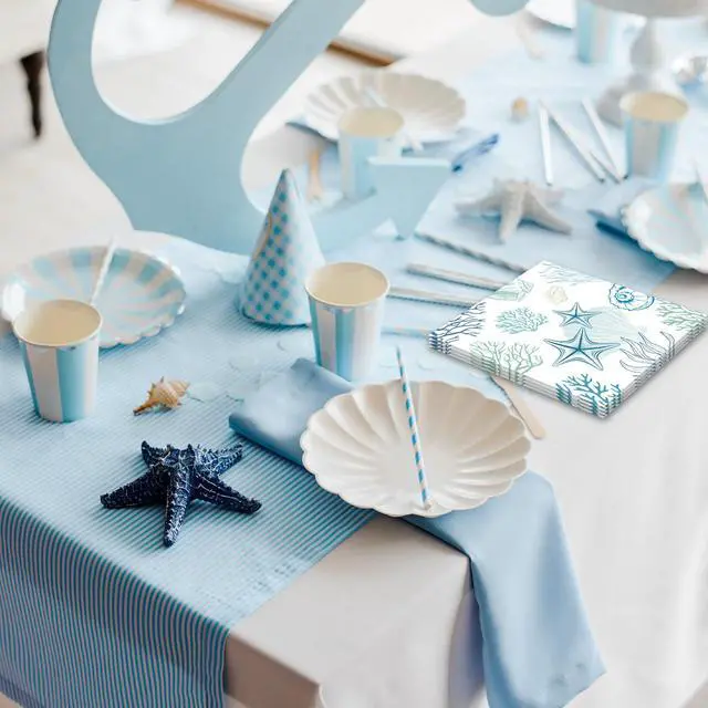 Alt view image 5 of 6 - 40pcs Seashell Napkins Disposable Beach Paper Napkins 6.5x6.5 Inches Ocean Theme Party Napkins for Summer Holiday Birthday Baby Shower Party Decorations