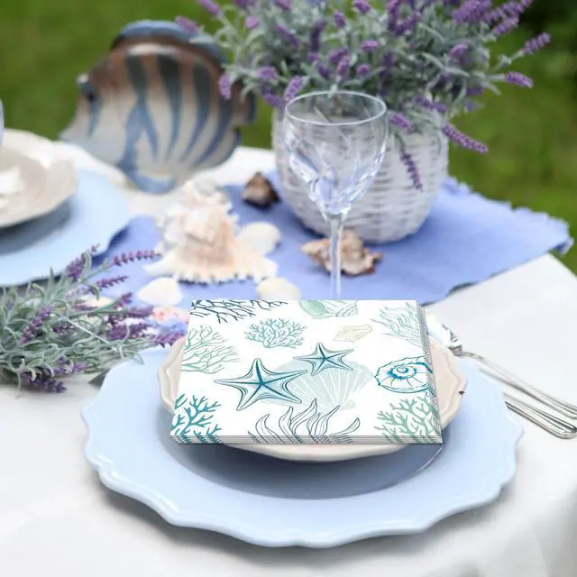 Alt view image 2 of 6 - 40pcs Seashell Napkins Disposable Beach Paper Napkins 6.5x6.5 Inches Ocean Theme Party Napkins for Summer Holiday Birthday Baby Shower Party Decorations