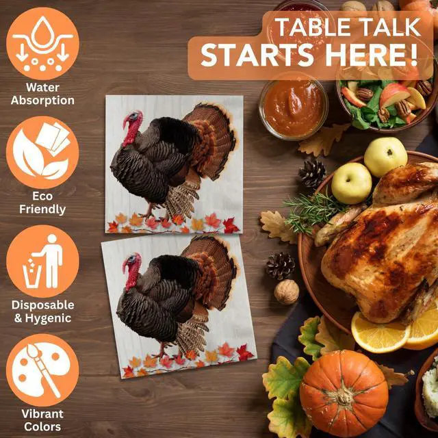 Alt view image 2 of 6 - 75-Pack 2-Ply Disposable Thanksgiving Napkins - Harvest Turkey Design, Autumn Fall Party Supplies, Durable Dinner Size 6.5" x 6.5"