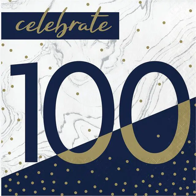 Main image of Navy and Gold 100th Birthday Napkins, 16 ct