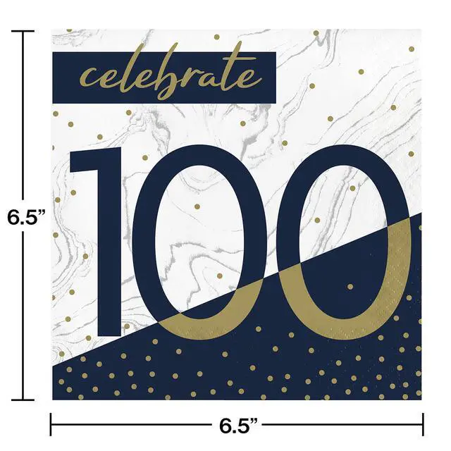 Alt view image 2 of 2 - Navy and Gold 100th Birthday Napkins, 16 ct