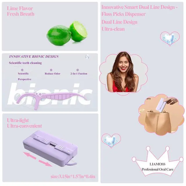 Alt view image 6 of 7 - Shred Resistant Twin line Dental Floss Picks Dispenser-2 Box 20Count Lime Flavor Double line Flosser Portable Case-Best Dental Tools for Oral Care-The Ultimate Floss Storage Solution(Purple)
