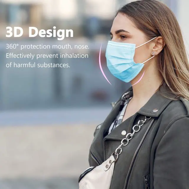 Alt view image 3 of 7 - Disposable Face Masks 3-Ply Breathable Face Masks with Nose Wire Blue - Pack of 50, for Outdoors,Home, Office, School