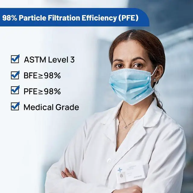 Alt view image 2 of 6 - ASTM Level 3 Disposable Face Mask 4-Ply for Adult, 50 Pack, Blue | Medical Grade Masks, 98% Filtration, Breathable & Comfortable