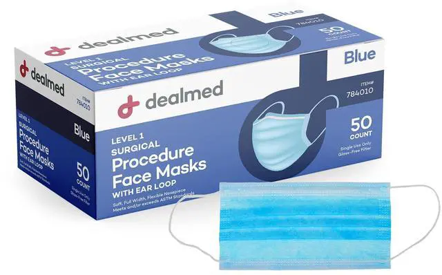 Main image of Disposable Face Masks - 50 Pack Blue Adult Earloop | 3-Layer Construction, Fluid-Resistant Fabric, Flexible Nose Piece, Extra-Soft Elastic Loops, Standard Fit