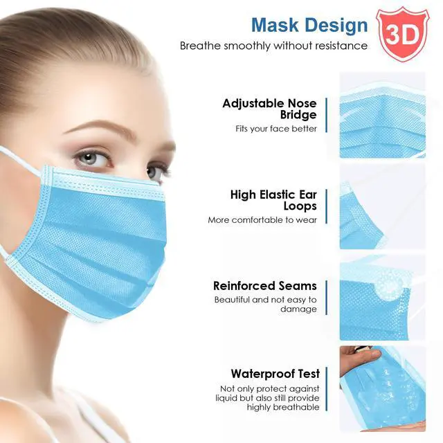 Alt view image 3 of 7 - Blue Disposable Face Masks 125 Pcs,3-Ply Adults Mask Indoor Outdoor