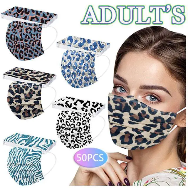 Alt view image 2 of 7 - 50 Pack Leopard Disposable Face Mask for Adults, Fashion 3-Ply Breathable Earloop Full Face Protection for Women & Men