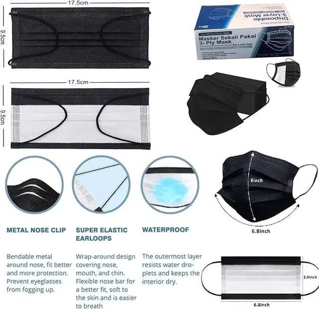 Alt view image 4 of 7 - Black Disposable Face Masks 50 Pack 3 Ply Breathable Earloop for Adults 50 Disposable Protective MaskDisposable Face Mask (BLACK, 50 Pieces)