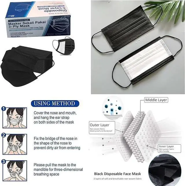 Alt view image 3 of 7 - Black Disposable Face Masks 50 Pack 3 Ply Breathable Earloop for Adults 50 Disposable Protective MaskDisposable Face Mask (BLACK, 50 Pieces)