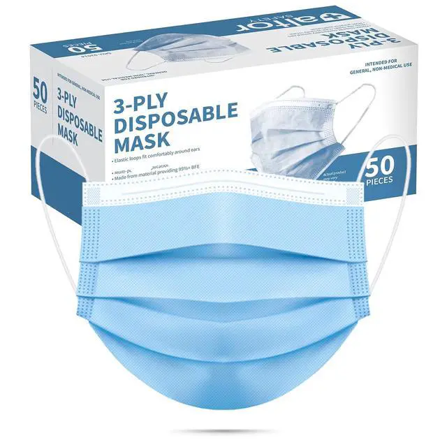 Alt view image 2 of 7 - 50pcs Blue Disposable Face Mask for Adults Women Men, 3-Ply Solid Blue Breathable Earloop Full Face Protection