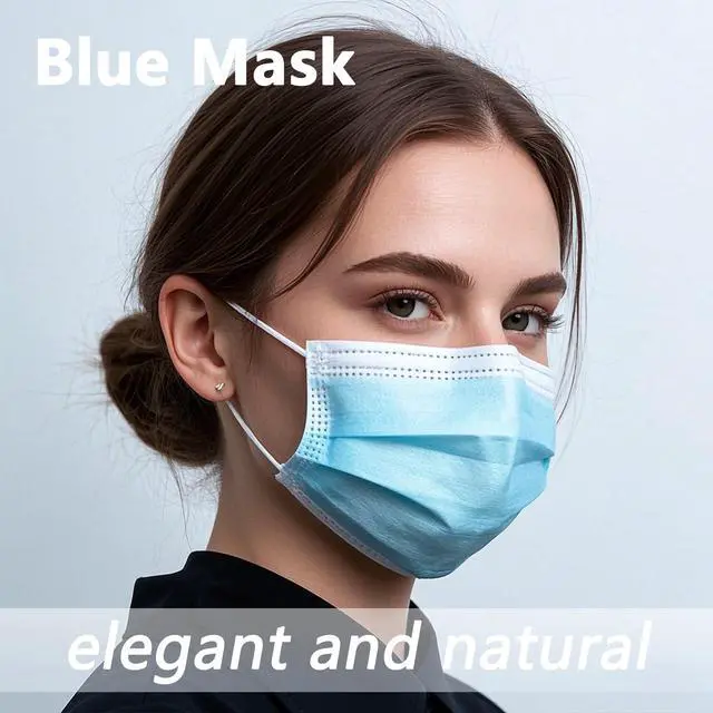 Alt view image 3 of 7 - 50pcs Blue Disposable Face Mask for Adults Women Men, 3-Ply Solid Blue Breathable Earloop Full Face Protection