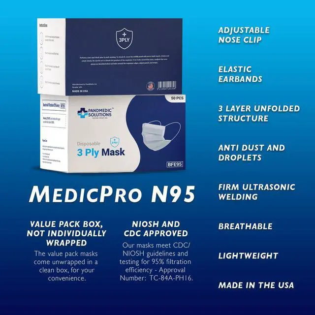 Alt view image 2 of 7 - Disposable Face Mask Made in USA | Premium Medical American 3 Ply Safety Face Masks Breathable with Elastic Ear Loops - 50ct Box