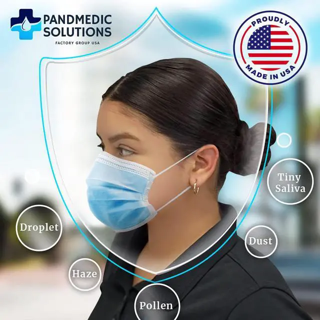 Alt view image 3 of 7 - Disposable Face Mask Made in USA | Premium Medical American 3 Ply Safety Face Masks Breathable with Elastic Ear Loops - 50ct Box