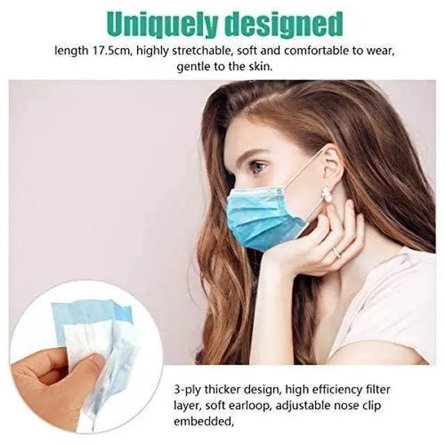 Alt view image 2 of 6 - 100 PCS Blue Masks, Disposable Face Mask, 3 Ply Protection Masks | Non-Woven Fabric, Nose Clip Elastic Earloop travel and daily use, Breathable Face Mask for Audlts