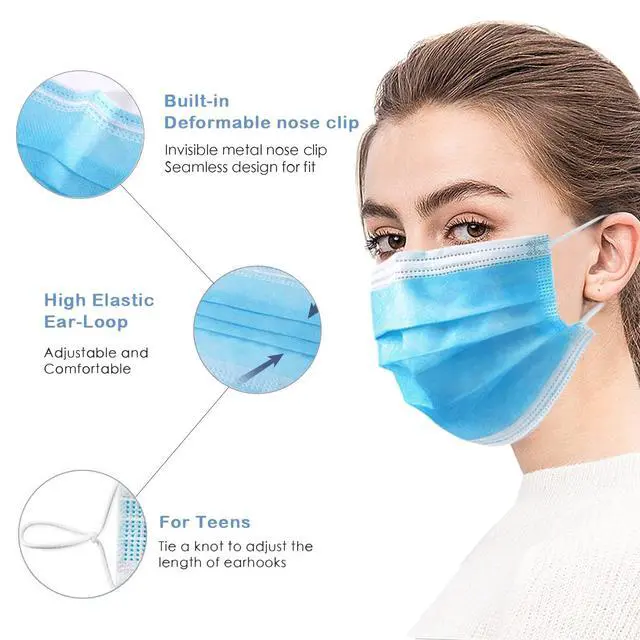 Alt view image 6 of 6 - 100 PCS Blue Masks, Disposable Face Mask, 3 Ply Protection Masks | Non-Woven Fabric, Nose Clip Elastic Earloop travel and daily use, Breathable Face Mask for Audlts