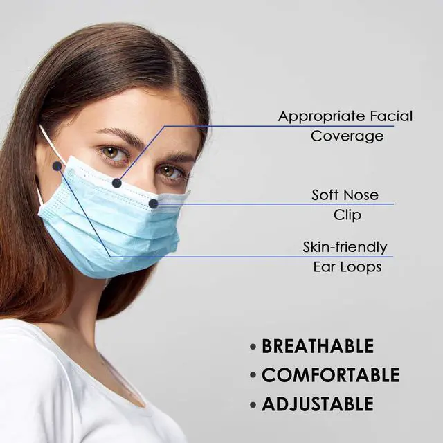 Alt view image 3 of 7 - Disposable Face Mask for Men & Women (Pack of 50) - 3-Ply Facial Mouth Cover Masks - Breathable Face Protective Masks with Earloops & Adjustable Nose Clip - Disposable Masks For Adults
