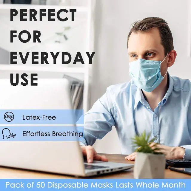Alt view image 5 of 7 - Disposable Face Mask for Men & Women (Pack of 50) - 3-Ply Facial Mouth Cover Masks - Breathable Face Protective Masks with Earloops & Adjustable Nose Clip - Disposable Masks For Adults