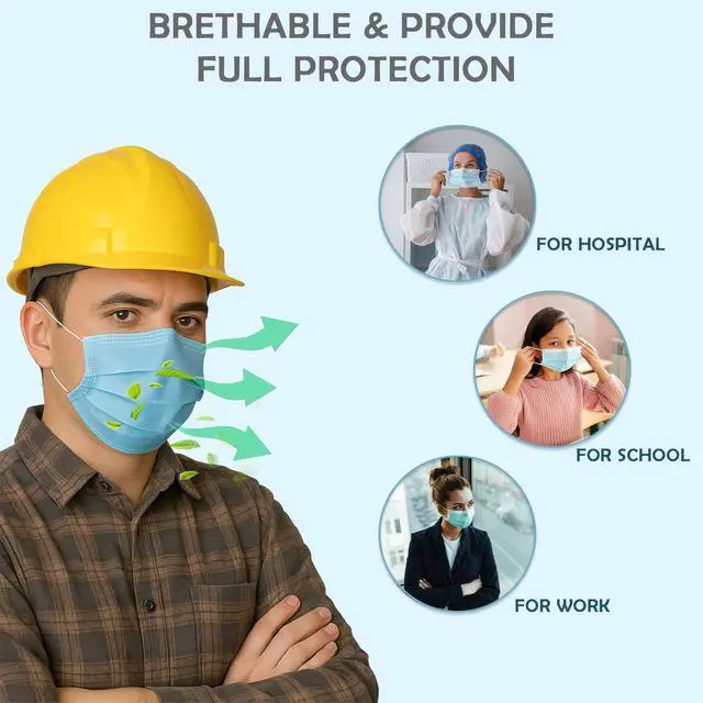 Alt view image 3 of 7 - Disposable Face Masks, 50 Pack Medical Grade 3 Ply Face Mask for Adults - Comfortable,Soft, Breathable 3 level Protection Outdoors,Home, Office, School (Blue)