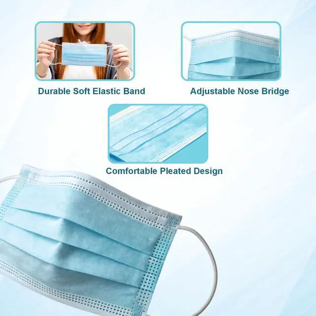Alt view image 5 of 7 - Disposable Face Masks, 50 Pack Medical Grade 3 Ply Face Mask for Adults - Comfortable,Soft, Breathable 3 level Protection Outdoors,Home, Office, School (Blue)