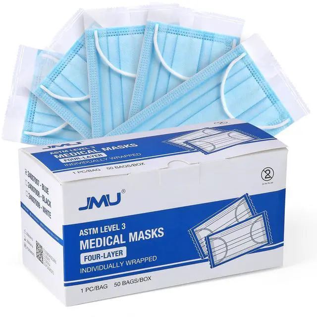 Main image of Disposable Face Mask Individually Wrapped 50 Pack 4 Ply Level 3 Masks | Blue Medical Masks for Adults, Breathable & Comfortable
