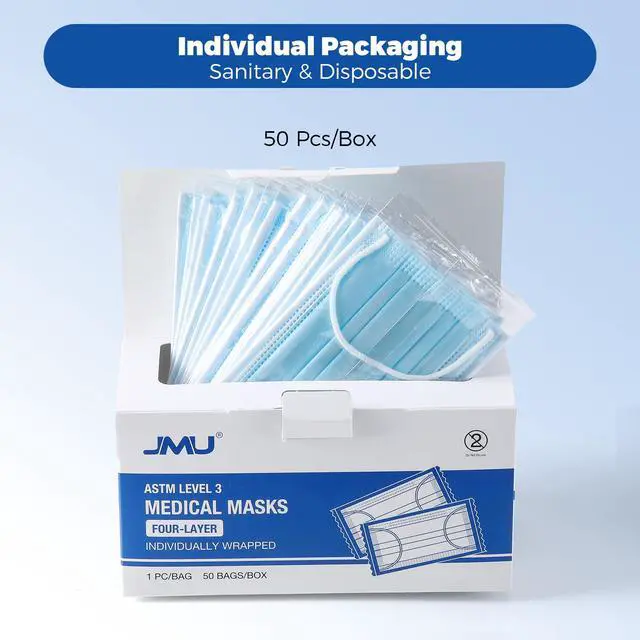 Alt view image 2 of 7 - Disposable Face Mask Individually Wrapped 50 Pack 4 Ply Level 3 Masks | Blue Medical Masks for Adults, Breathable & Comfortable