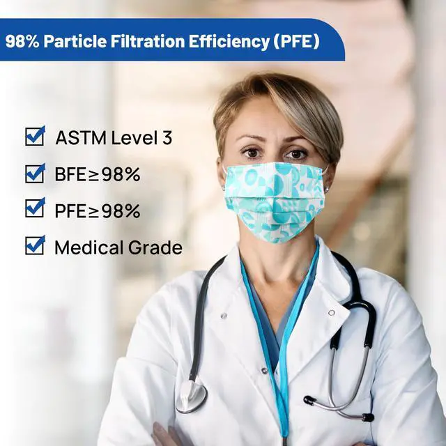Alt view image 2 of 6 - 50 Pack 4-Ply ASTM Level 3 Multicolor Disposable Face Masks for Adults | Medical Grade Masks, 98% Filtration, Breathable & Comfortable