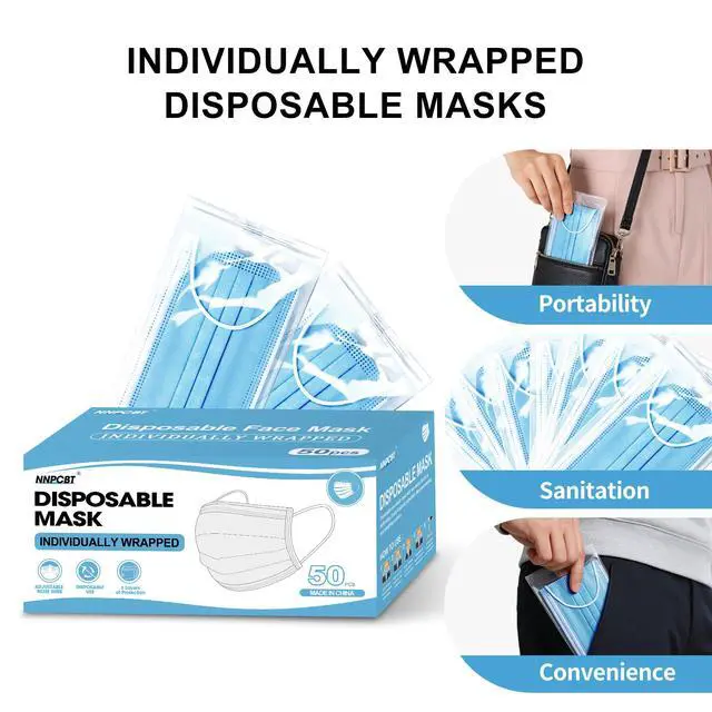 Alt view image 2 of 6 - 50pcs Individually Wrapped Masks,Blue Disposable Face Masks 3 Ply for Adult