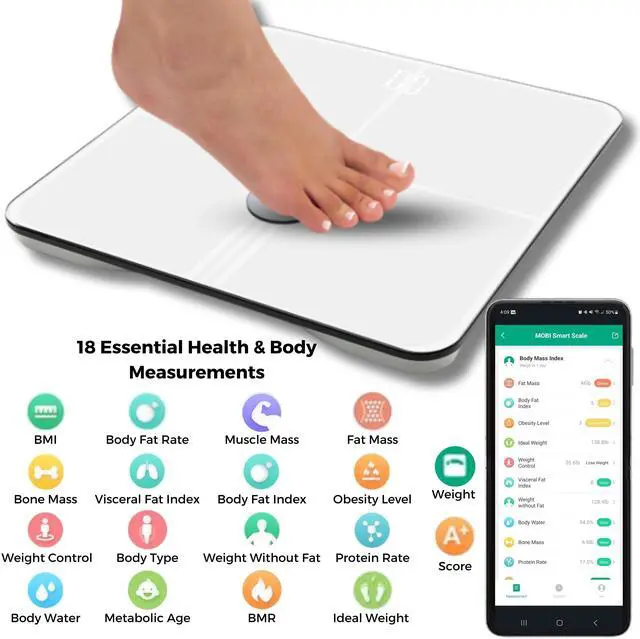 Alt view image 3 of 7 - MOBI Smart WiFi Body Composition Scale, Digital Bathroom Scale with 18 Body Metrics, BMI, Body Fat, Muscle Mass, App Sync, 10 User Profiles, 396 lb Capacity, LCD Display