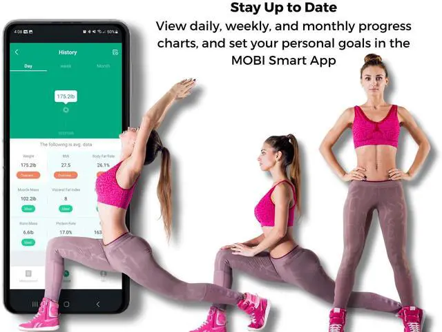 Alt view image 5 of 7 - MOBI Smart WiFi Body Composition Scale, Digital Bathroom Scale with 18 Body Metrics, BMI, Body Fat, Muscle Mass, App Sync, 10 User Profiles, 396 lb Capacity, LCD Display