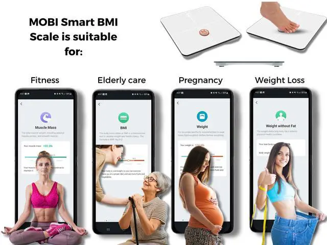 Alt view image 6 of 7 - MOBI Smart WiFi Body Composition Scale, Digital Bathroom Scale with 18 Body Metrics, BMI, Body Fat, Muscle Mass, App Sync, 10 User Profiles, 396 lb Capacity, LCD Display