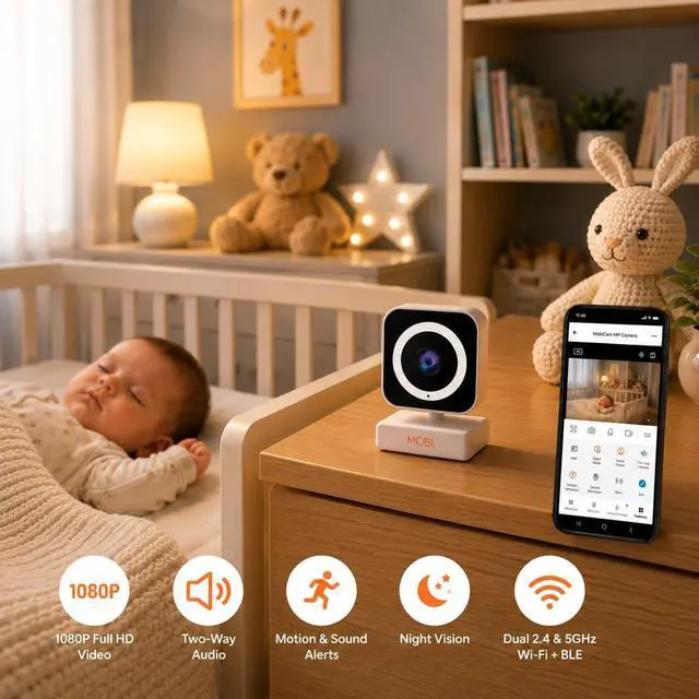 Alt view image 3 of 7 - MobiCam MP Baby & Home Monitor Dual-Band 2.4ghz-5ghz WiFi with Two-Way Audio and 90 Degree Field of View, Night Vision, Motion Detection, Bluetooth, Smart App Connection with Alerts