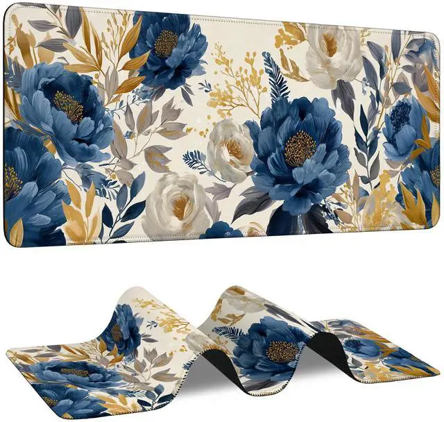 Main image of Watercolor Rose Large Gaming Mouse Pad,Golden Blue Floral Extended Desk Mat with Stitched Edges,Non-Slip Rubber Base Keyboard Mousepad for Home Office Computer Laptop Gamers,31.5" x 11.8"