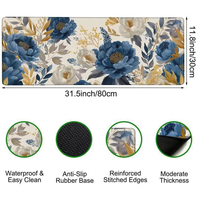 Alt view image 2 of 7 - Watercolor Rose Large Gaming Mouse Pad,Golden Blue Floral Extended Desk Mat with Stitched Edges,Non-Slip Rubber Base Keyboard Mousepad for Home Office Computer Laptop Gamers,31.5" x 11.8"